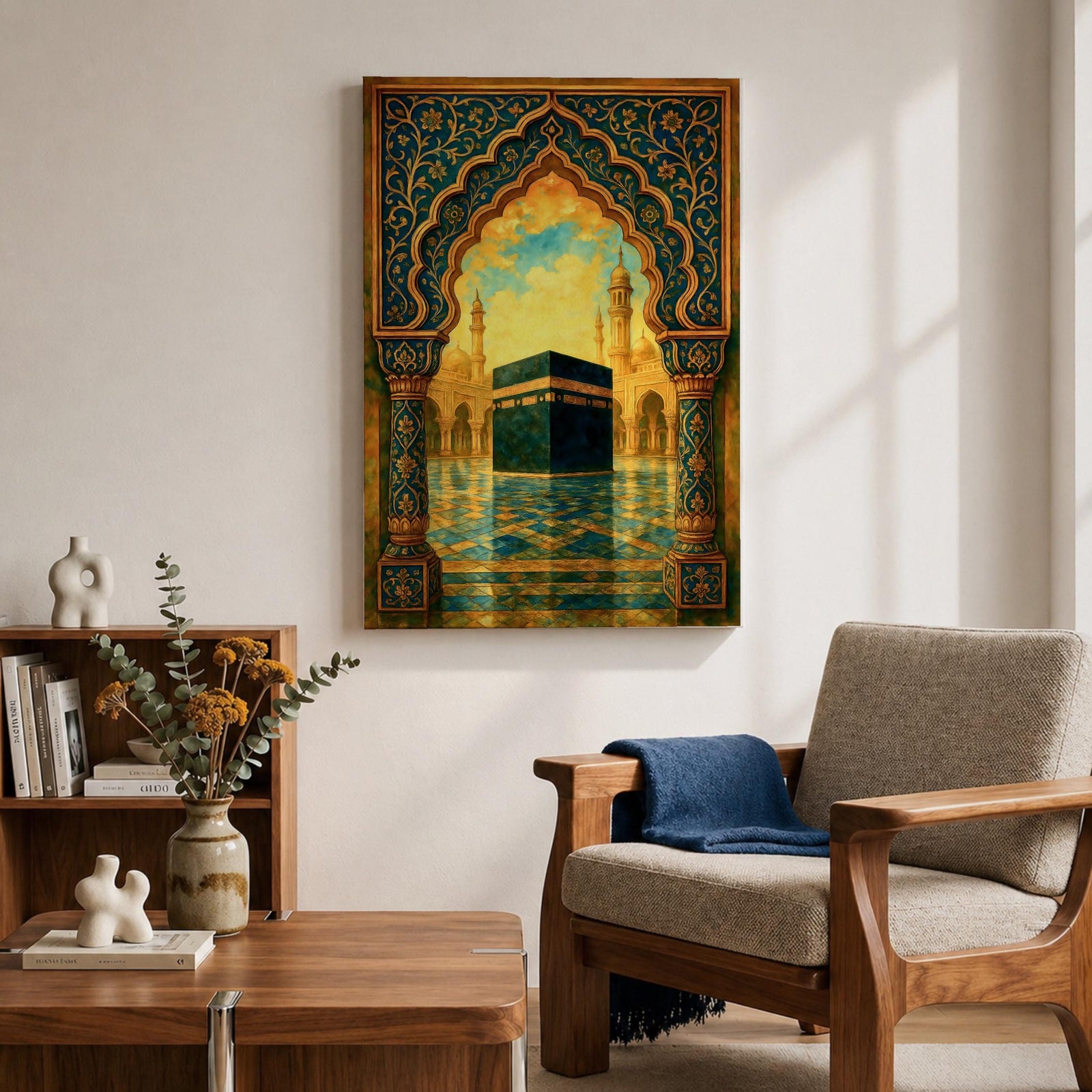 Textured Islamic artwork depicting the Kaaba in the courtyard of Masjid Al Haram framed by an ornate decorative archway with intricate floral patterns, with mosque minarets rising in the background under warm golden clouds.