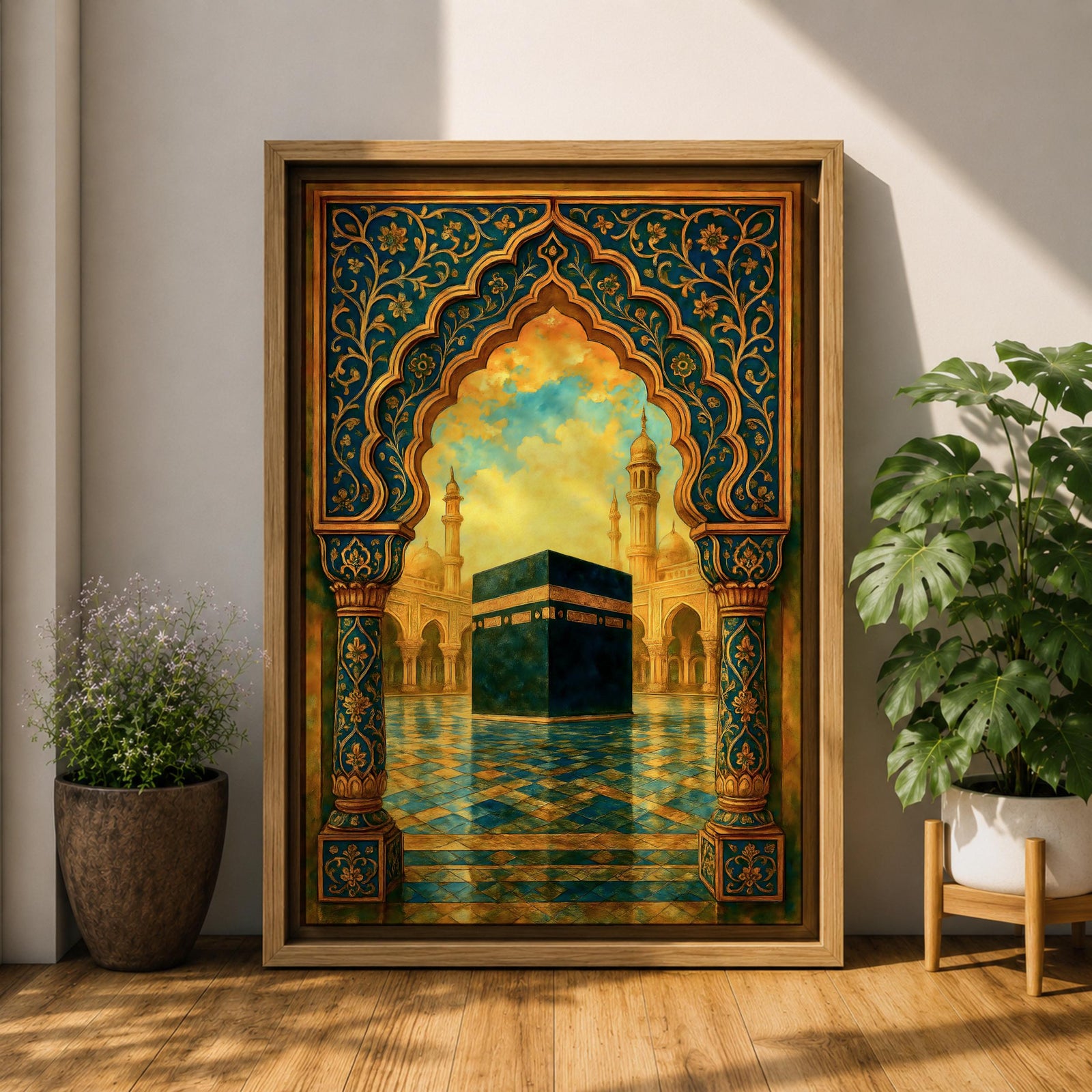 Textured Islamic artwork depicting the Kaaba in the courtyard of Masjid Al Haram framed by an ornate decorative archway with intricate floral patterns, with mosque minarets rising in the background under warm golden clouds.