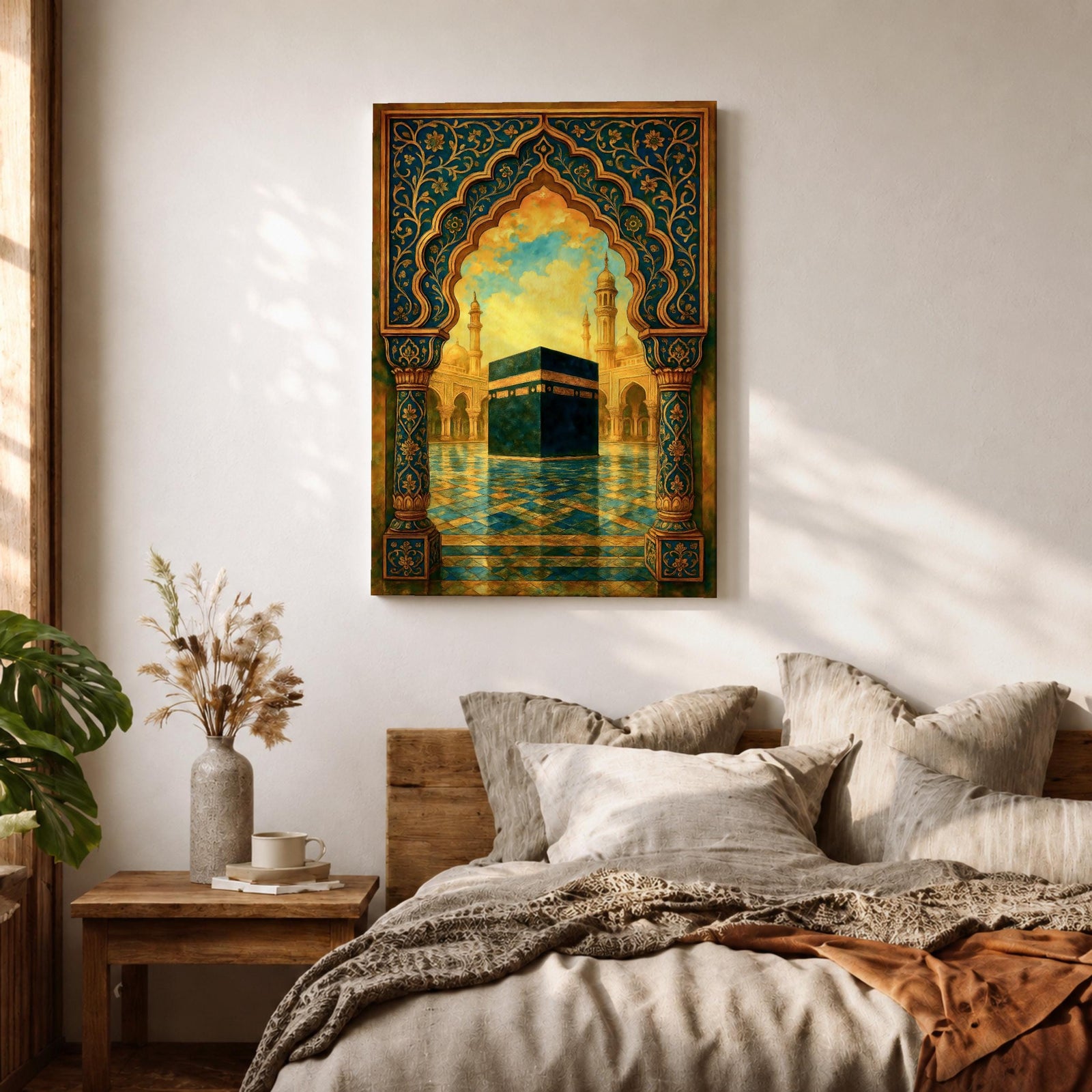 Textured Islamic artwork depicting the Kaaba in the courtyard of Masjid Al Haram framed by an ornate decorative archway with intricate floral patterns, with mosque minarets rising in the background under warm golden clouds.