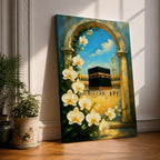 Oil-style painting of the Kaaba at Masjid Al Haram in Mecca viewed through a stone archway framed with blooming white orchids, with mosque arches and a tall minaret rising under a bright blue sky with soft clouds.