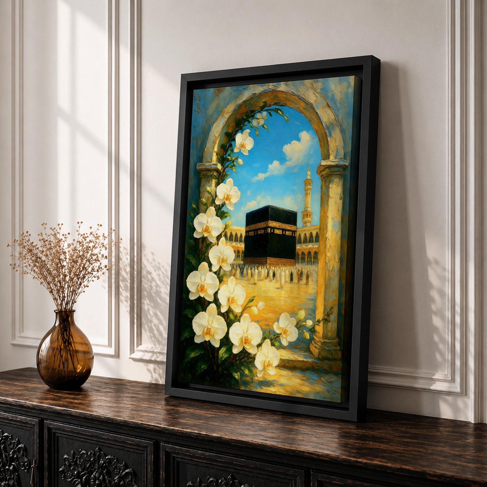 Oil-style painting of the Kaaba at Masjid Al Haram in Mecca viewed through a stone archway framed with blooming white orchids, with mosque arches and a tall minaret rising under a bright blue sky with soft clouds.
