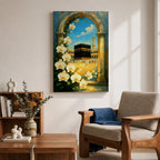 Oil-style painting of the Kaaba at Masjid Al Haram in Mecca viewed through a stone archway framed with blooming white orchids, with mosque arches and a tall minaret rising under a bright blue sky with soft clouds.