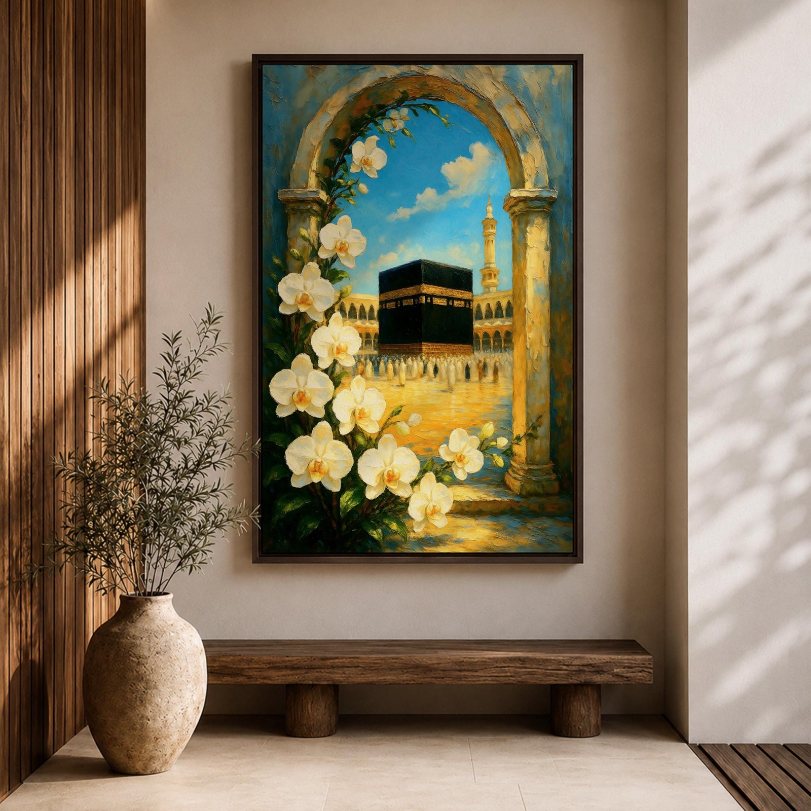 Oil-style painting of the Kaaba at Masjid Al Haram in Mecca viewed through a stone archway framed with blooming white orchids, with mosque arches and a tall minaret rising under a bright blue sky with soft clouds.