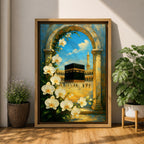 Oil-style painting of the Kaaba at Masjid Al Haram in Mecca viewed through a stone archway framed with blooming white orchids, with mosque arches and a tall minaret rising under a bright blue sky with soft clouds.