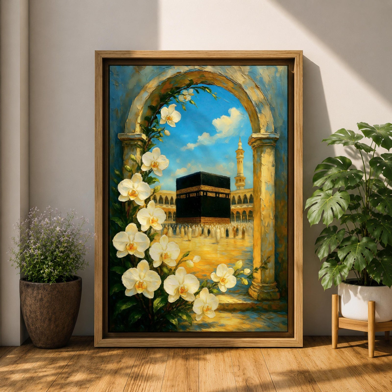 Oil-style painting of the Kaaba at Masjid Al Haram in Mecca viewed through a stone archway framed with blooming white orchids, with mosque arches and a tall minaret rising under a bright blue sky with soft clouds.