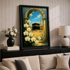 Oil-style painting of the Kaaba at Masjid Al Haram in Mecca viewed through a stone archway framed with blooming white orchids, with mosque arches and a tall minaret rising under a bright blue sky with soft clouds.