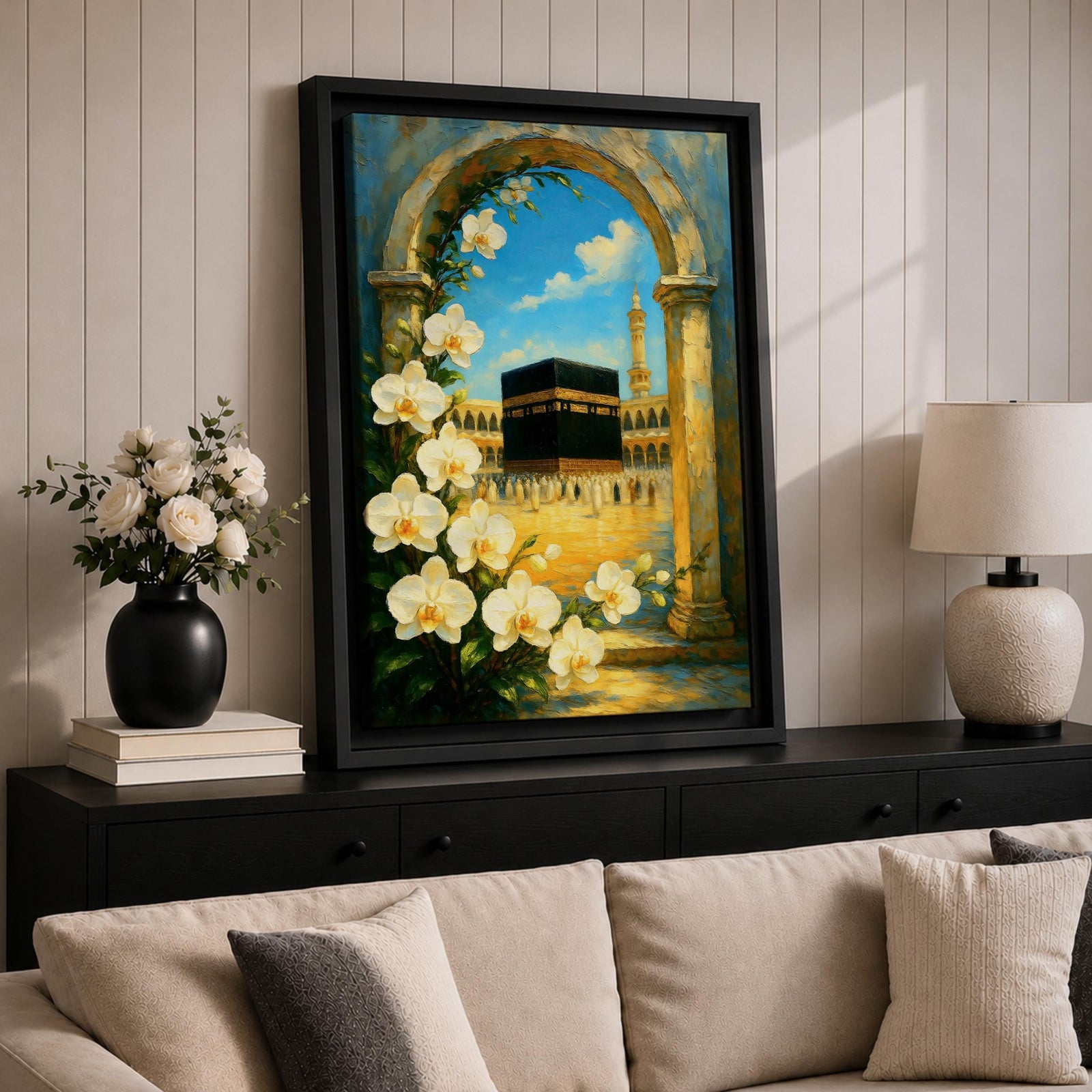 Oil-style painting of the Kaaba at Masjid Al Haram in Mecca viewed through a stone archway framed with blooming white orchids, with mosque arches and a tall minaret rising under a bright blue sky with soft clouds.