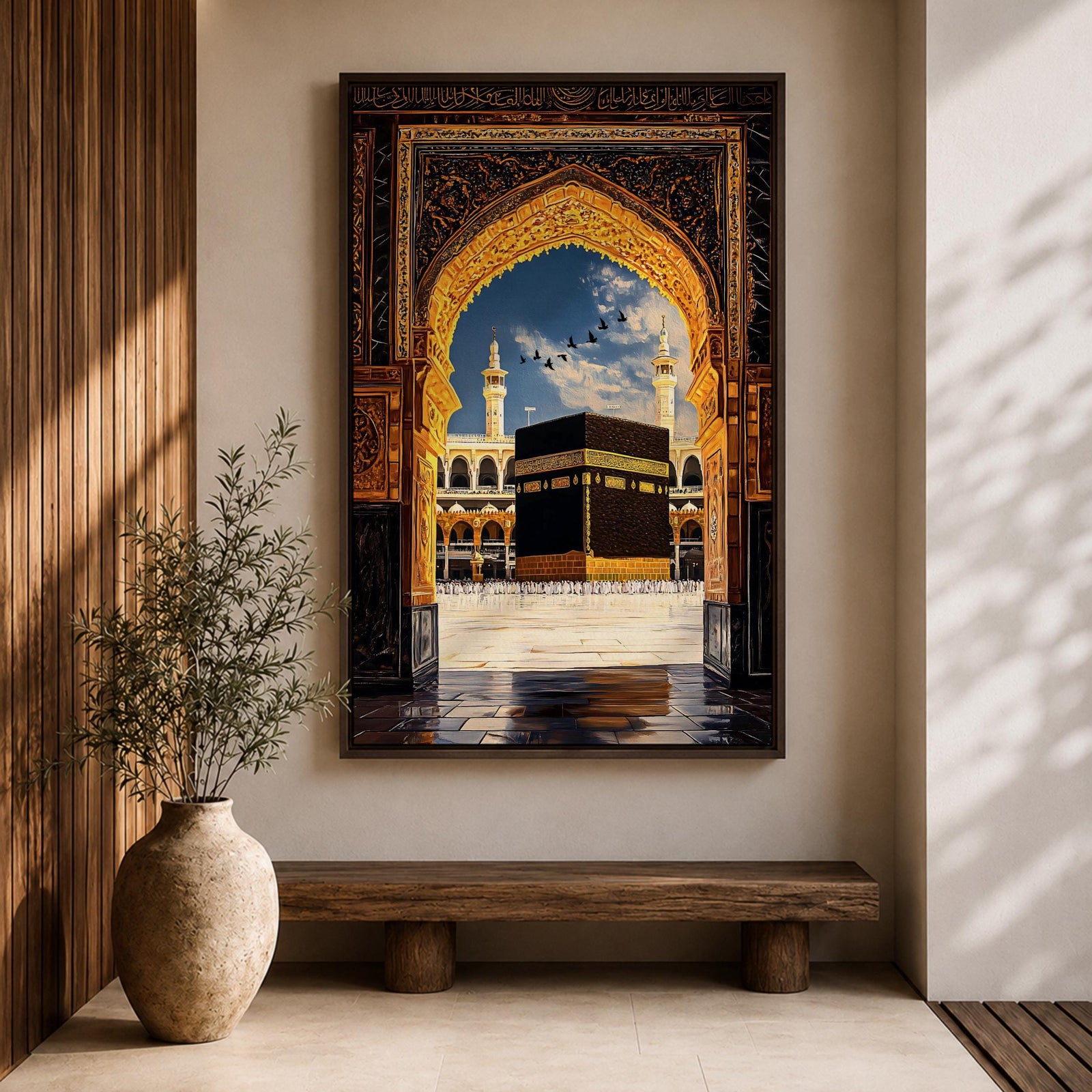 Artwork depicting the Kaaba in Masjid Al Haram in Mecca viewed through an ornate golden mosque arch, with two tall minarets rising behind the sacred courtyard and birds flying across a bright blue sky.