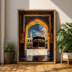 Artwork depicting the Kaaba in Masjid Al Haram in Mecca viewed through an ornate golden mosque arch, with two tall minarets rising behind the sacred courtyard and birds flying across a bright blue sky.