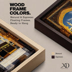 Artwork depicting the Kaaba in Masjid Al Haram in Mecca viewed through an ornate golden mosque arch, with two tall minarets rising behind the sacred courtyard and birds flying across a bright blue sky.