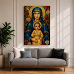 Mosaic icon style artwork of the Virgin Mary holding the child Jesus, both figures shown with golden halos while the infant Christ raises his hand in a blessing gesture, surrounded by red and white roses and intricate mosaic tesserae forming a traditional Catholic Madonna and Child composition.
