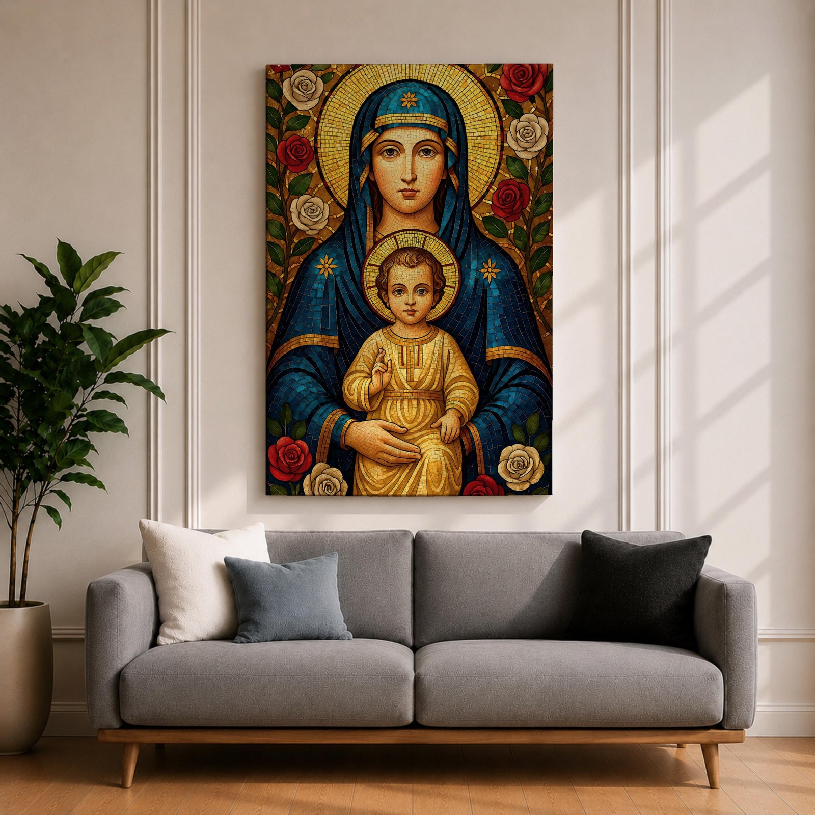 Mosaic icon style artwork of the Virgin Mary holding the child Jesus, both figures shown with golden halos while the infant Christ raises his hand in a blessing gesture, surrounded by red and white roses and intricate mosaic tesserae forming a traditional Catholic Madonna and Child composition.