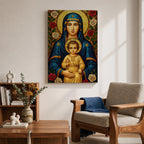 Mosaic icon style artwork of the Virgin Mary holding the child Jesus, both figures shown with golden halos while the infant Christ raises his hand in a blessing gesture, surrounded by red and white roses and intricate mosaic tesserae forming a traditional Catholic Madonna and Child composition.