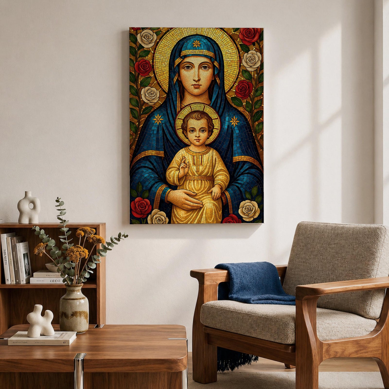 Mosaic icon style artwork of the Virgin Mary holding the child Jesus, both figures shown with golden halos while the infant Christ raises his hand in a blessing gesture, surrounded by red and white roses and intricate mosaic tesserae forming a traditional Catholic Madonna and Child composition.
