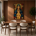 Mosaic icon style artwork of the Virgin Mary holding the child Jesus, both figures shown with golden halos while the infant Christ raises his hand in a blessing gesture, surrounded by red and white roses and intricate mosaic tesserae forming a traditional Catholic Madonna and Child composition.
