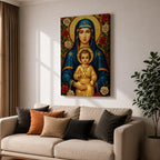 Mosaic icon style artwork of the Virgin Mary holding the child Jesus, both figures shown with golden halos while the infant Christ raises his hand in a blessing gesture, surrounded by red and white roses and intricate mosaic tesserae forming a traditional Catholic Madonna and Child composition.