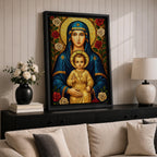 Mosaic icon style artwork of the Virgin Mary holding the child Jesus, both figures shown with golden halos while the infant Christ raises his hand in a blessing gesture, surrounded by red and white roses and intricate mosaic tesserae forming a traditional Catholic Madonna and Child composition.