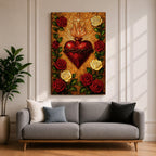 Stained glass style depiction of the Sacred Heart of Jesus showing a flaming red heart crowned with thorns and topped with a glowing cross, radiating golden rays outward while surrounded by red and white roses forming a halo around the devotional symbol in a vibrant Catholic mosaic composition.