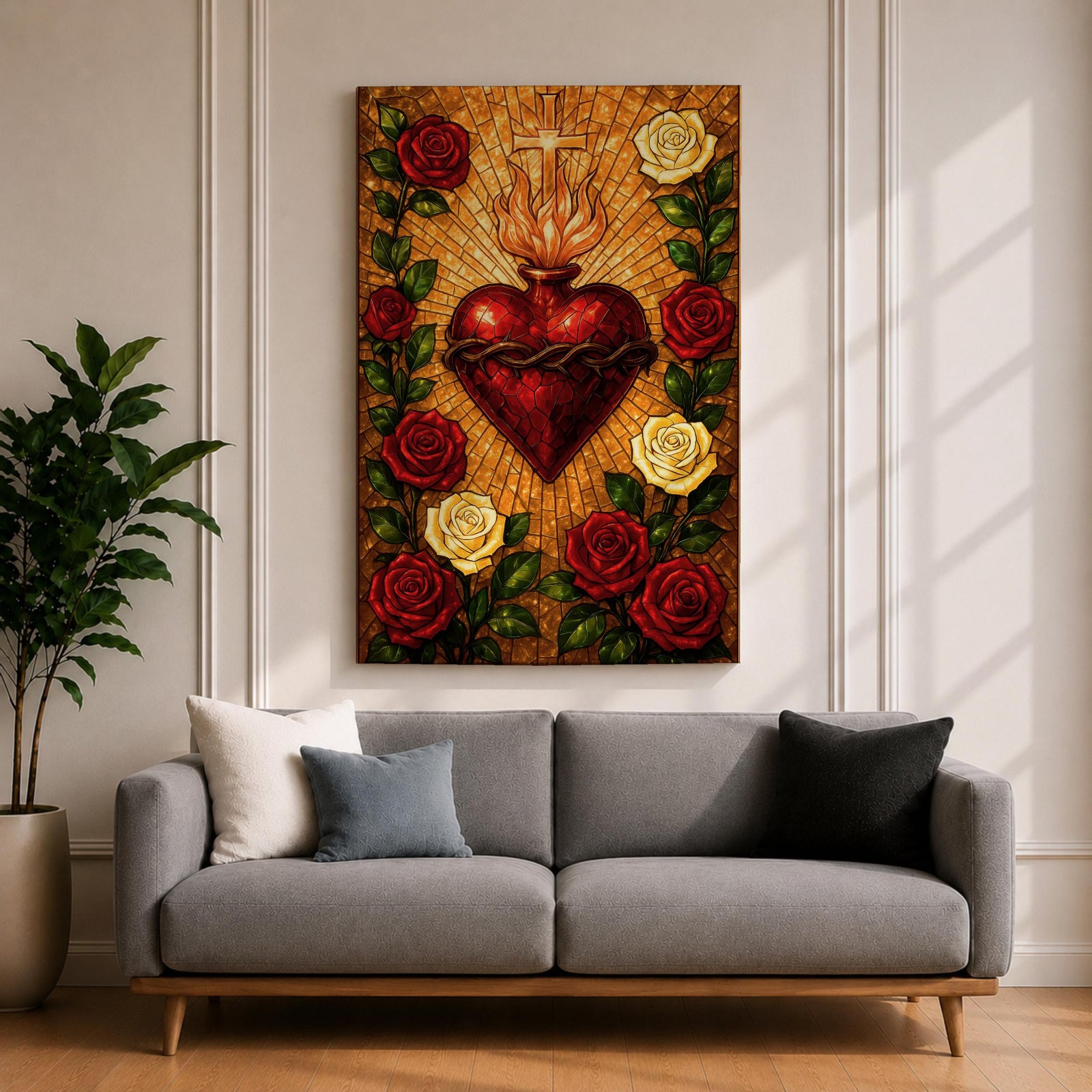 Stained glass style depiction of the Sacred Heart of Jesus showing a flaming red heart crowned with thorns and topped with a glowing cross, radiating golden rays outward while surrounded by red and white roses forming a halo around the devotional symbol in a vibrant Catholic mosaic composition.