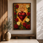 Stained glass style depiction of the Sacred Heart of Jesus showing a flaming red heart crowned with thorns and topped with a glowing cross, radiating golden rays outward while surrounded by red and white roses forming a halo around the devotional symbol in a vibrant Catholic mosaic composition.