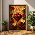 Stained glass style depiction of the Sacred Heart of Jesus showing a flaming red heart crowned with thorns and topped with a glowing cross, radiating golden rays outward while surrounded by red and white roses forming a halo around the devotional symbol in a vibrant Catholic mosaic composition.