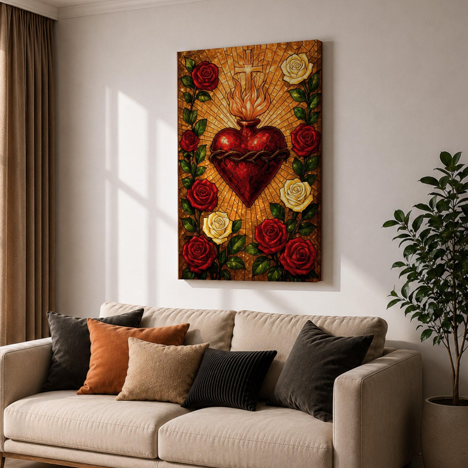 Stained glass style depiction of the Sacred Heart of Jesus showing a flaming red heart crowned with thorns and topped with a glowing cross, radiating golden rays outward while surrounded by red and white roses forming a halo around the devotional symbol in a vibrant Catholic mosaic composition.