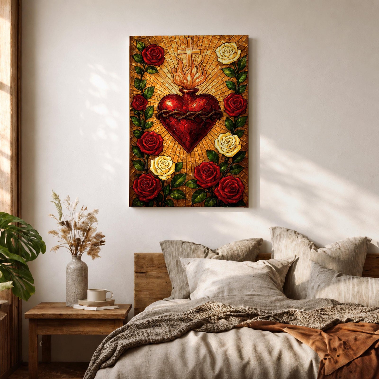 Stained glass style depiction of the Sacred Heart of Jesus showing a flaming red heart crowned with thorns and topped with a glowing cross, radiating golden rays outward while surrounded by red and white roses forming a halo around the devotional symbol in a vibrant Catholic mosaic composition.