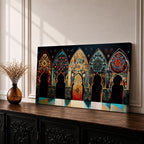 A panoramic artwork depicting a row of ornate Moroccan arches filled with intricate arabesque floral and geometric mosaic patterns in vibrant colors including turquoise, gold, red, and deep blue, arranged symmetrically with detailed Islamic motifs that resemble illuminated stained glass within traditional Moorish architectural frames.