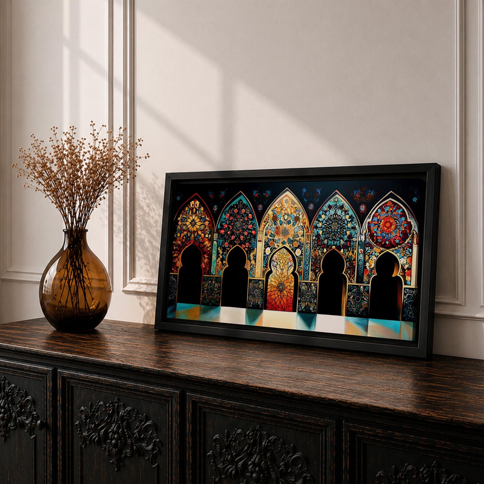 A panoramic artwork depicting a row of ornate Moroccan arches filled with intricate arabesque floral and geometric mosaic patterns in vibrant colors including turquoise, gold, red, and deep blue, arranged symmetrically with detailed Islamic motifs that resemble illuminated stained glass within traditional Moorish architectural frames.