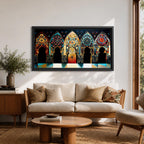A panoramic artwork depicting a row of ornate Moroccan arches filled with intricate arabesque floral and geometric mosaic patterns in vibrant colors including turquoise, gold, red, and deep blue, arranged symmetrically with detailed Islamic motifs that resemble illuminated stained glass within traditional Moorish architectural frames.