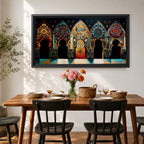 A panoramic artwork depicting a row of ornate Moroccan arches filled with intricate arabesque floral and geometric mosaic patterns in vibrant colors including turquoise, gold, red, and deep blue, arranged symmetrically with detailed Islamic motifs that resemble illuminated stained glass within traditional Moorish architectural frames.