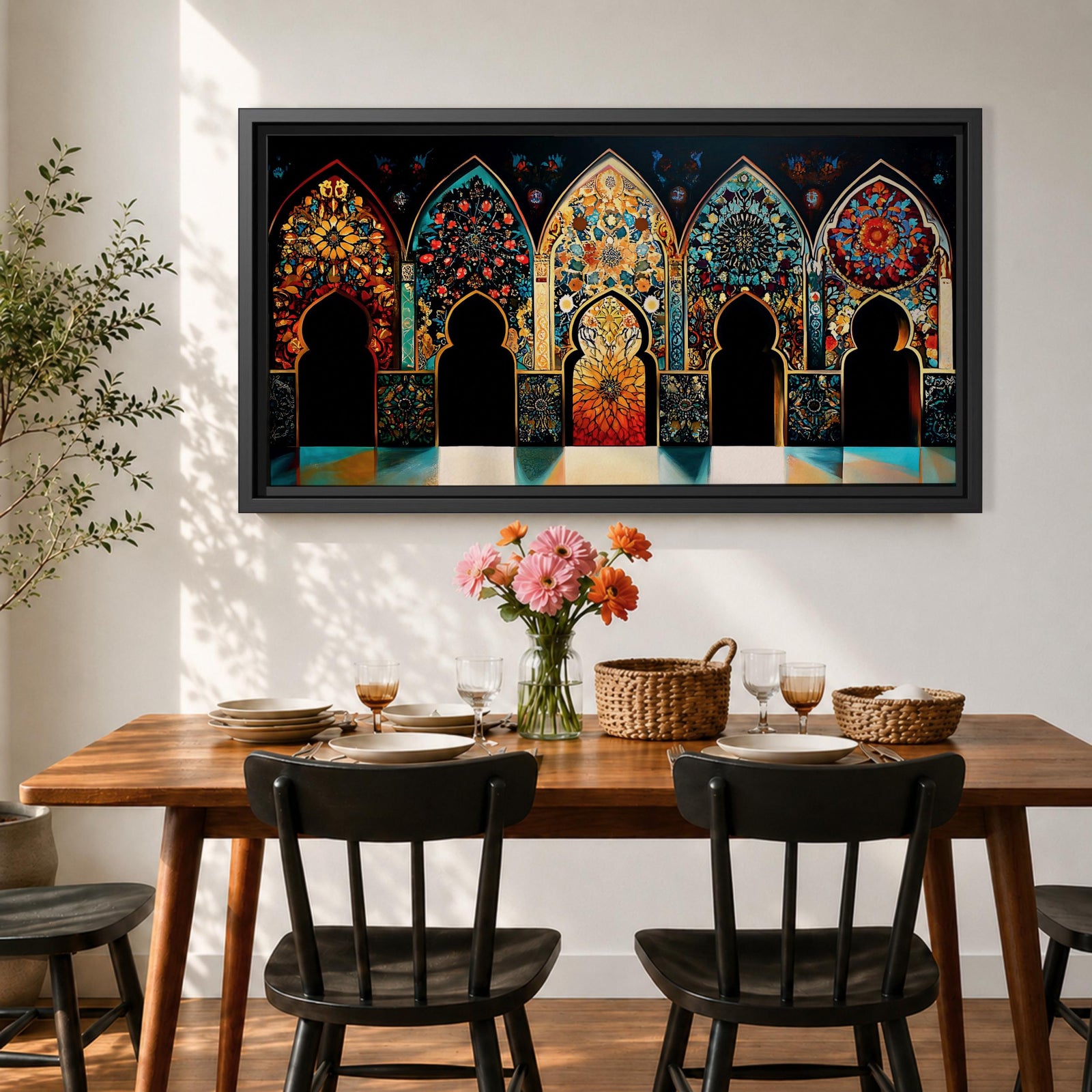 A panoramic artwork depicting a row of ornate Moroccan arches filled with intricate arabesque floral and geometric mosaic patterns in vibrant colors including turquoise, gold, red, and deep blue, arranged symmetrically with detailed Islamic motifs that resemble illuminated stained glass within traditional Moorish architectural frames.