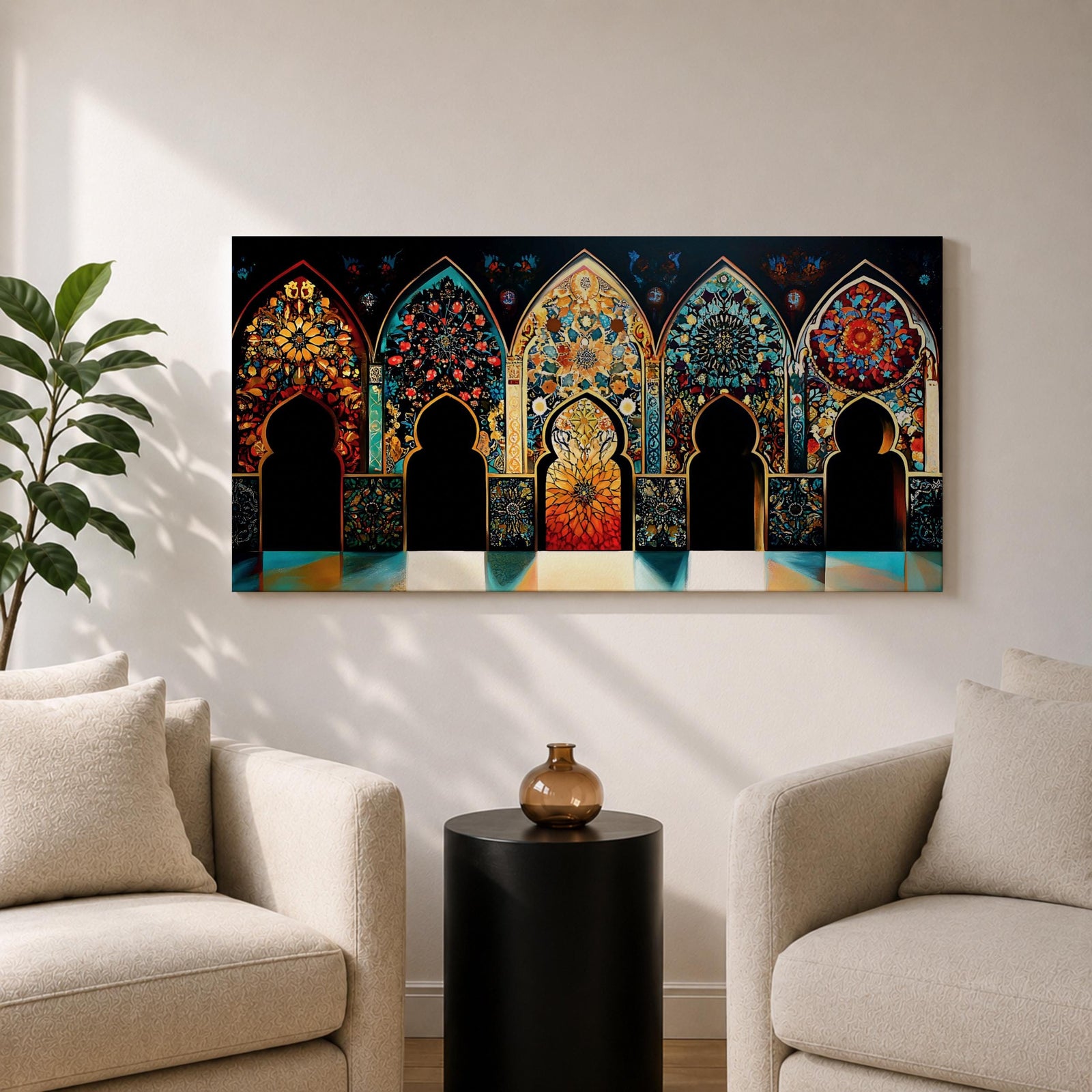 A panoramic artwork depicting a row of ornate Moroccan arches filled with intricate arabesque floral and geometric mosaic patterns in vibrant colors including turquoise, gold, red, and deep blue, arranged symmetrically with detailed Islamic motifs that resemble illuminated stained glass within traditional Moorish architectural frames.