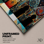 A panoramic artwork depicting a row of ornate Moroccan arches filled with intricate arabesque floral and geometric mosaic patterns in vibrant colors including turquoise, gold, red, and deep blue, arranged symmetrically with detailed Islamic motifs that resemble illuminated stained glass within traditional Moorish architectural frames.