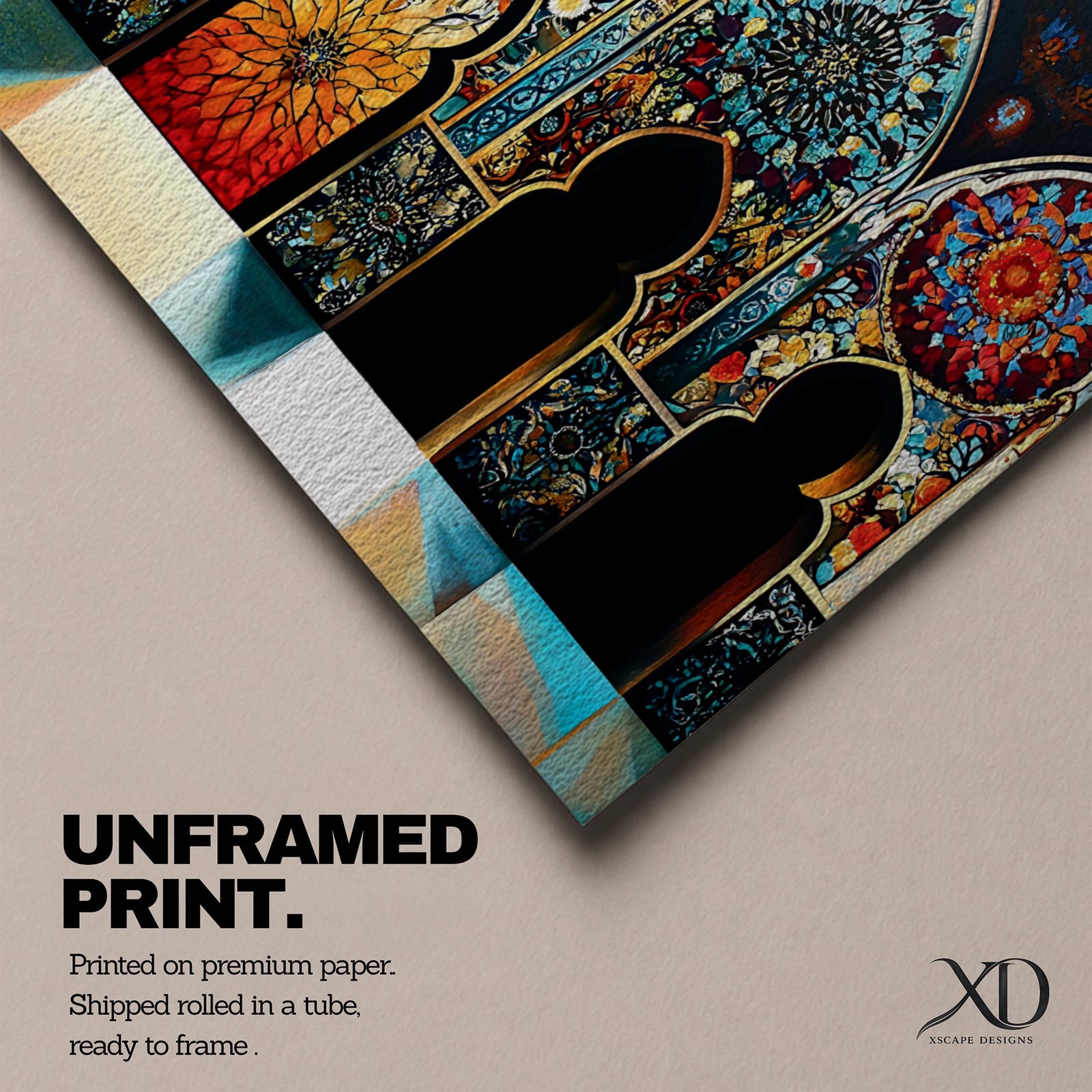 A panoramic artwork depicting a row of ornate Moroccan arches filled with intricate arabesque floral and geometric mosaic patterns in vibrant colors including turquoise, gold, red, and deep blue, arranged symmetrically with detailed Islamic motifs that resemble illuminated stained glass within traditional Moorish architectural frames.