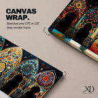 A panoramic artwork depicting a row of ornate Moroccan arches filled with intricate arabesque floral and geometric mosaic patterns in vibrant colors including turquoise, gold, red, and deep blue, arranged symmetrically with detailed Islamic motifs that resemble illuminated stained glass within traditional Moorish architectural frames.