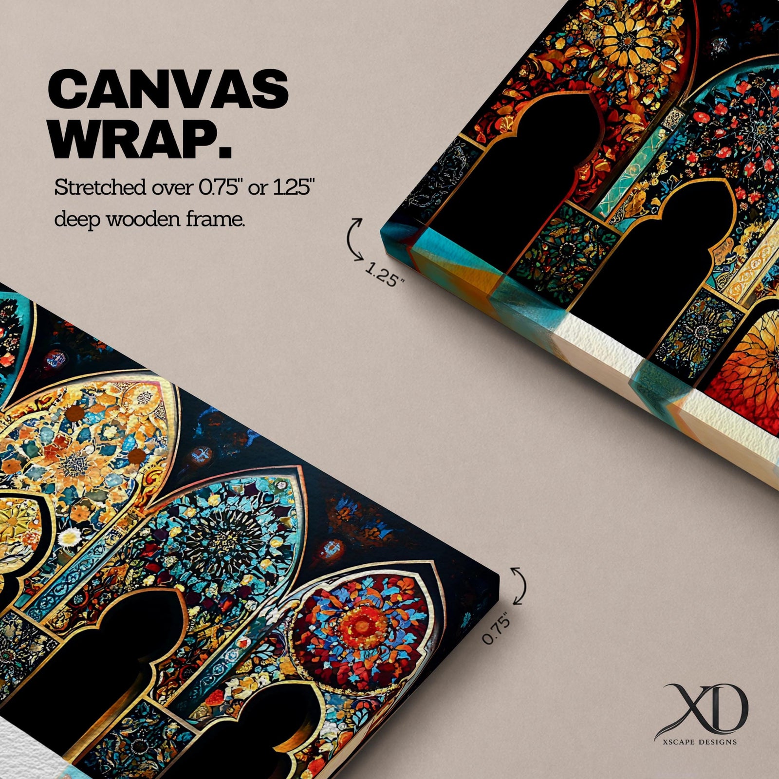 A panoramic artwork depicting a row of ornate Moroccan arches filled with intricate arabesque floral and geometric mosaic patterns in vibrant colors including turquoise, gold, red, and deep blue, arranged symmetrically with detailed Islamic motifs that resemble illuminated stained glass within traditional Moorish architectural frames.