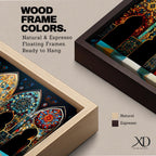 A panoramic artwork depicting a row of ornate Moroccan arches filled with intricate arabesque floral and geometric mosaic patterns in vibrant colors including turquoise, gold, red, and deep blue, arranged symmetrically with detailed Islamic motifs that resemble illuminated stained glass within traditional Moorish architectural frames.