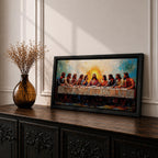 Panoramic painting of Jesus and the twelve apostles at the Last Supper gathered around a long table beneath radiant light.