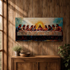 Panoramic painting of Jesus and the twelve apostles at the Last Supper gathered around a long table beneath radiant light.
