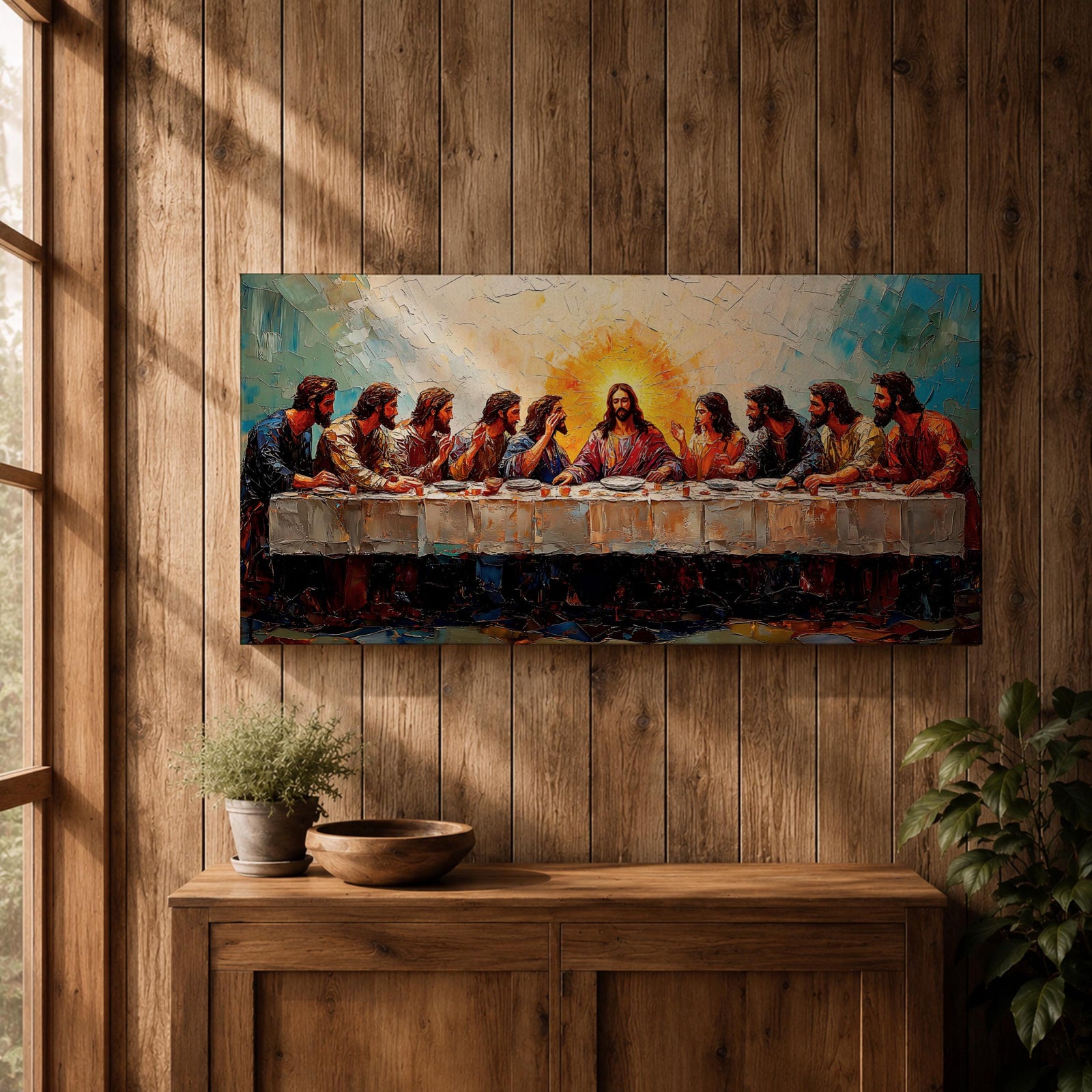 Panoramic painting of Jesus and the twelve apostles at the Last Supper gathered around a long table beneath radiant light.