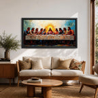Panoramic painting of Jesus and the twelve apostles at the Last Supper gathered around a long table beneath radiant light.