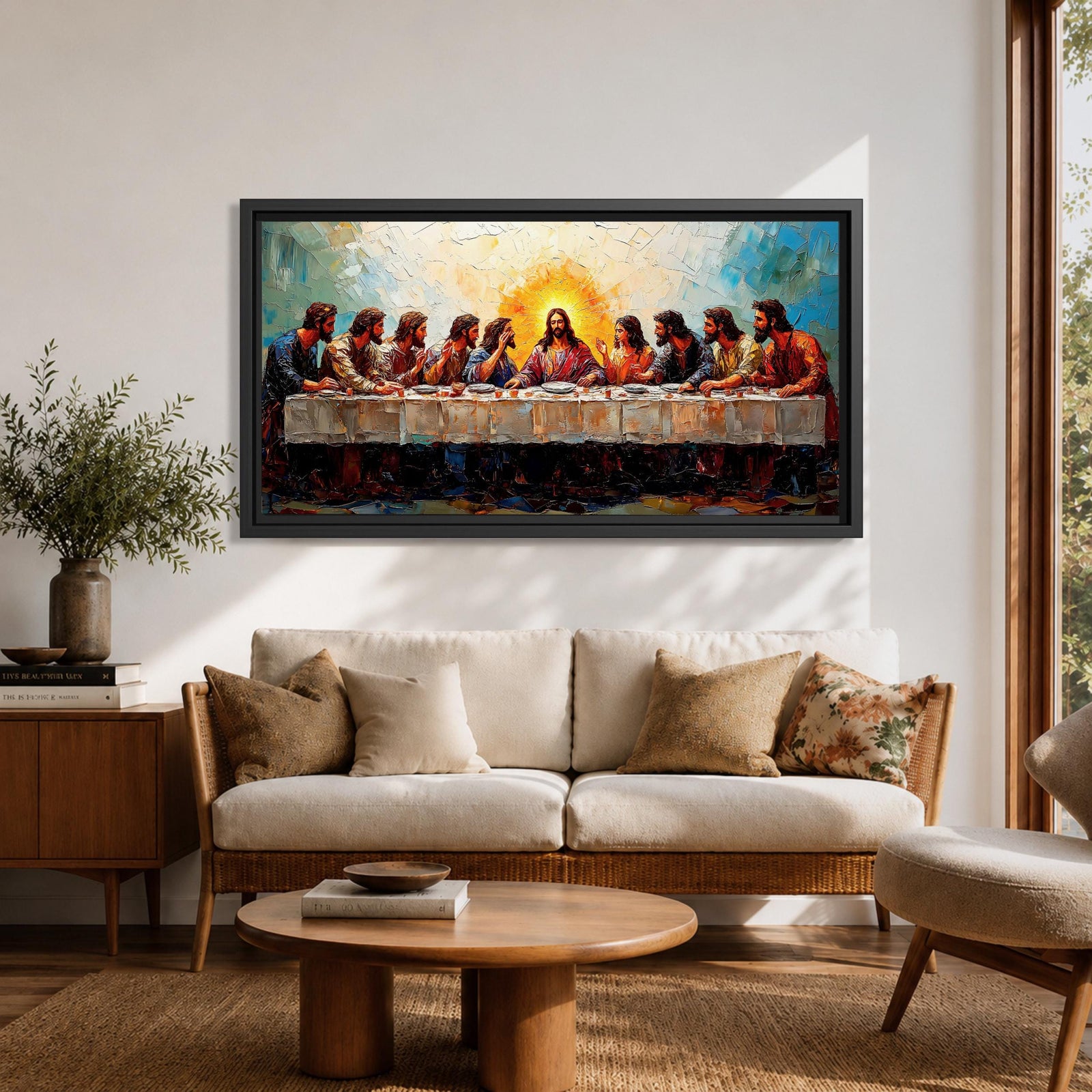 Panoramic painting of Jesus and the twelve apostles at the Last Supper gathered around a long table beneath radiant light.