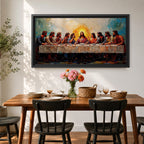 Panoramic painting of Jesus and the twelve apostles at the Last Supper gathered around a long table beneath radiant light.