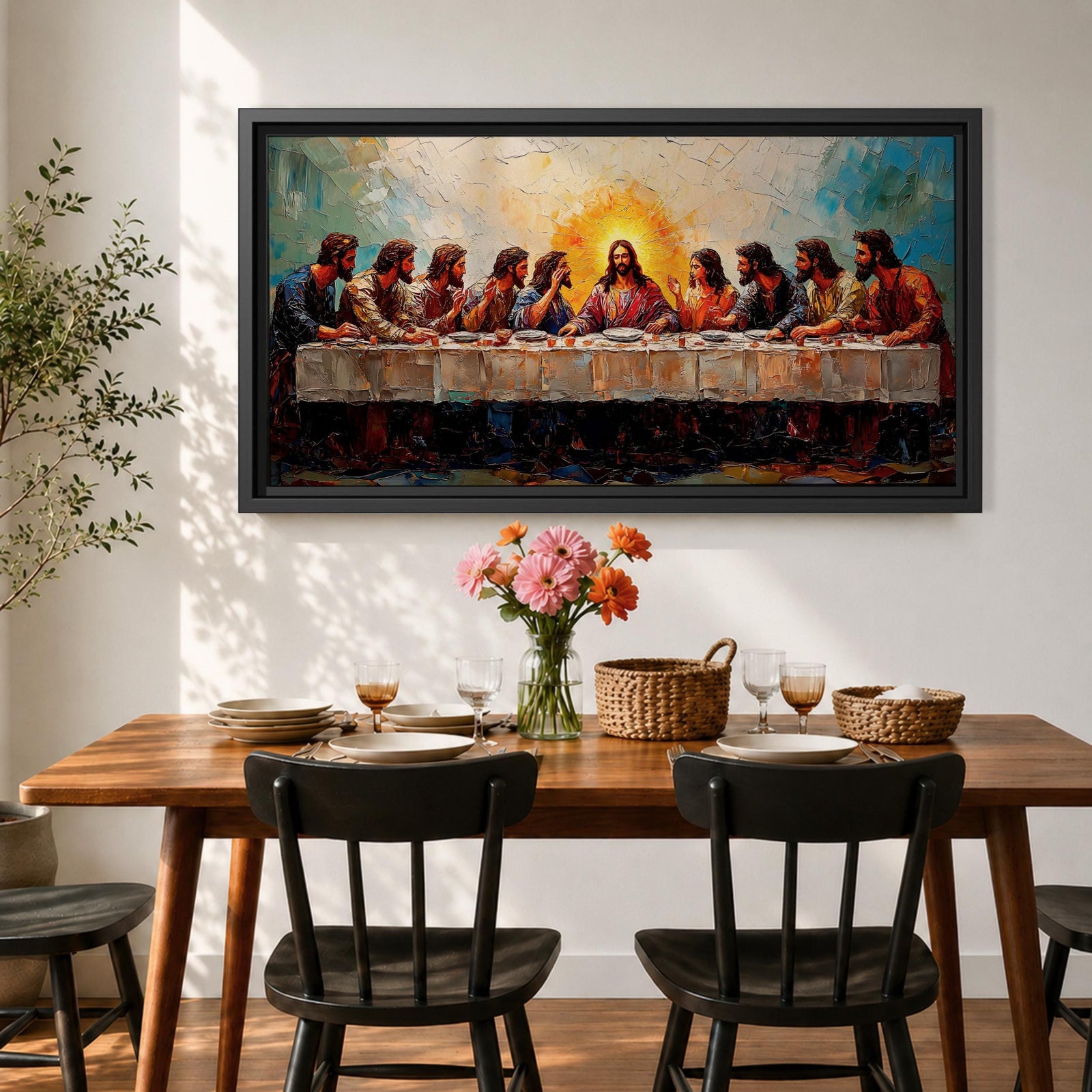 Panoramic painting of Jesus and the twelve apostles at the Last Supper gathered around a long table beneath radiant light.