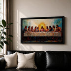 Panoramic painting of Jesus and the twelve apostles at the Last Supper gathered around a long table beneath radiant light.