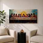 Panoramic painting of Jesus and the twelve apostles at the Last Supper gathered around a long table beneath radiant light.