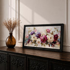 Panoramic painting of a lush bouquet of pink, cream, and purple flowers with expressive textured brushstrokes.