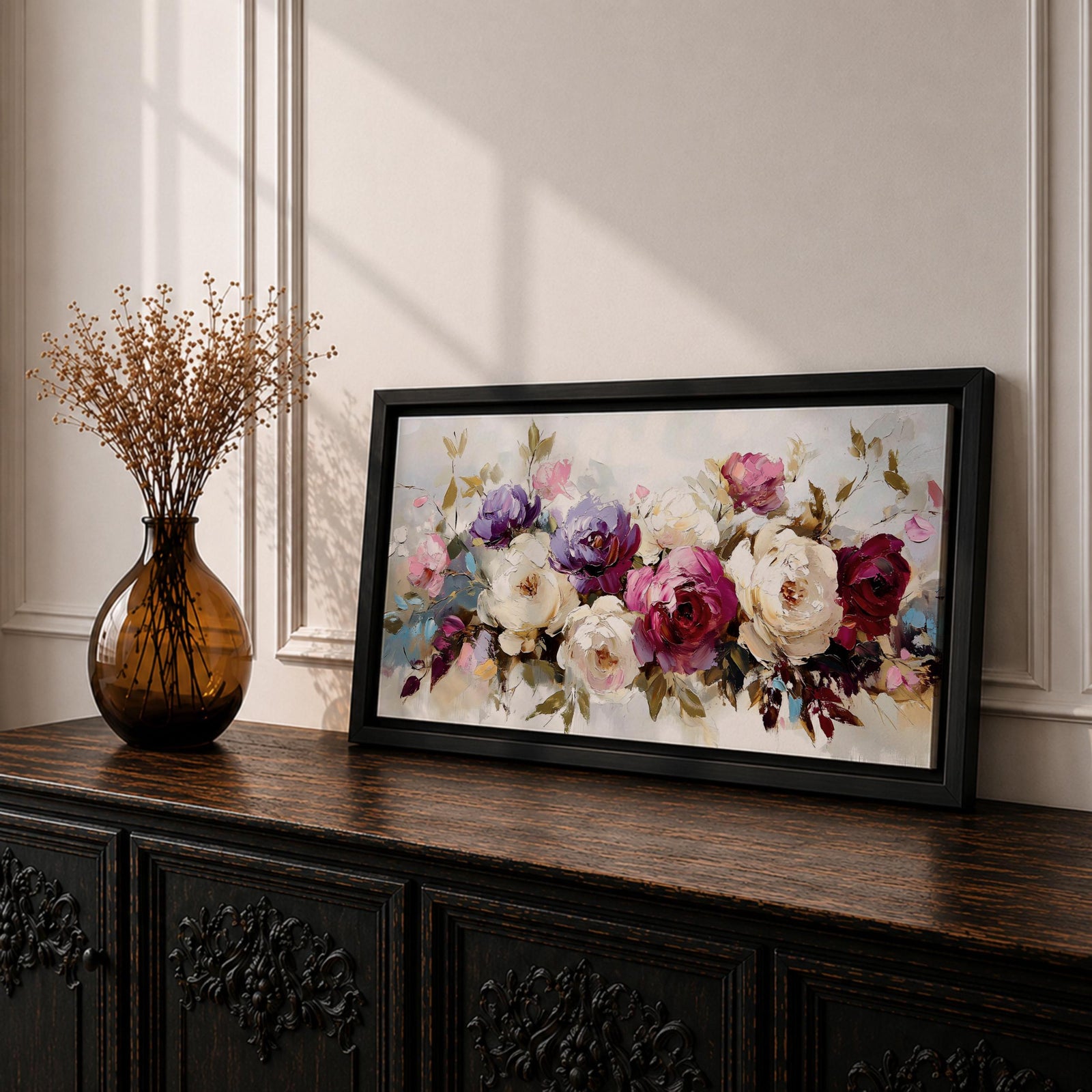 Panoramic painting of a lush bouquet of pink, cream, and purple flowers with expressive textured brushstrokes.
