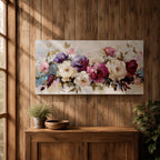 Panoramic painting of a lush bouquet of pink, cream, and purple flowers with expressive textured brushstrokes.